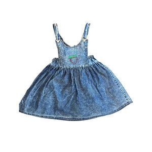 Girls 3-4 year acid wash blue jean overalls skirt dress embroidered strawberry r